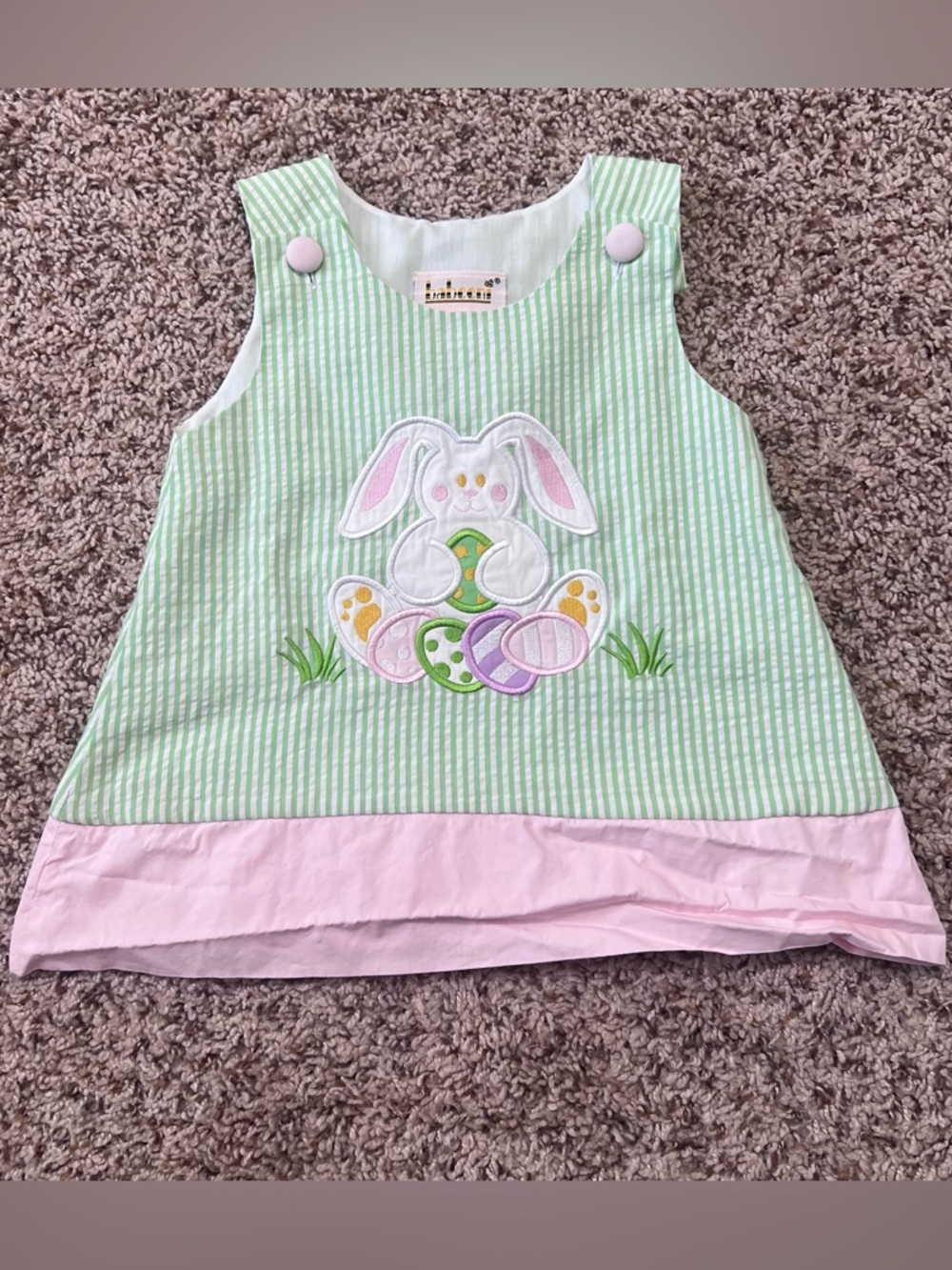 Babeeni Green Seersucker Bunny Appliqué Tunic with Pink Trim Size 4t